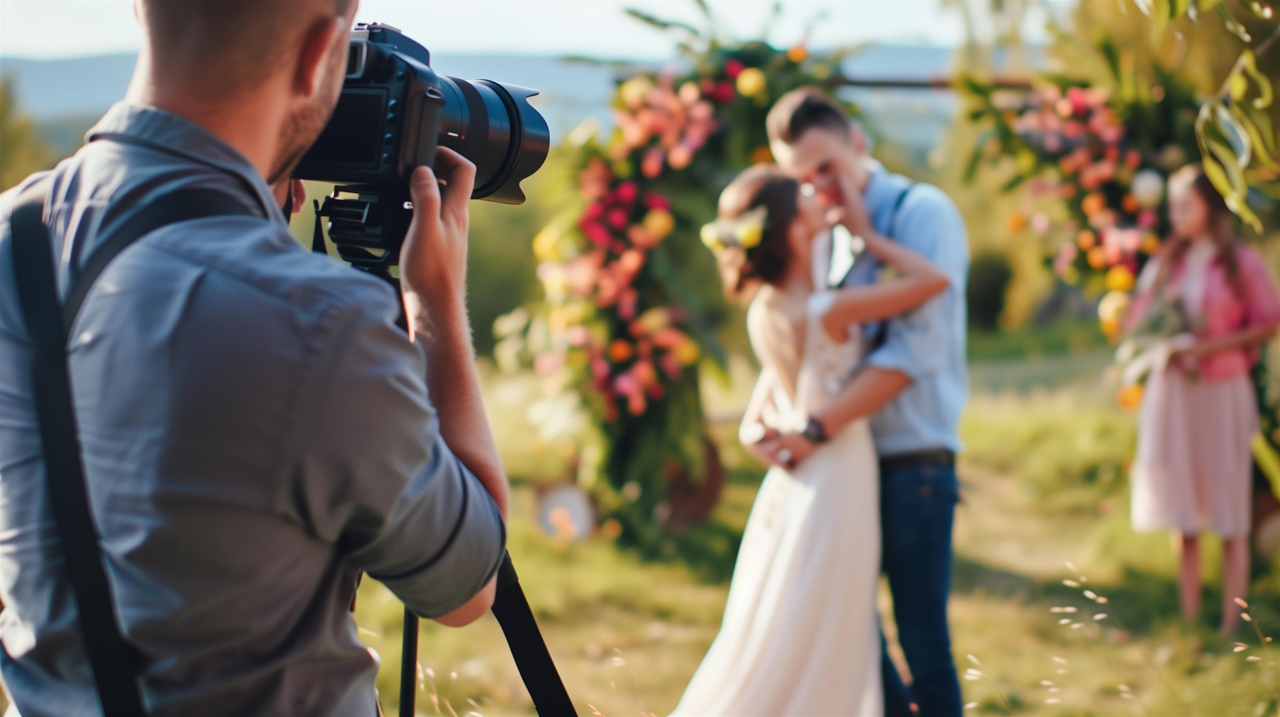 фотограф делает снимки молодоженов на свадьбу